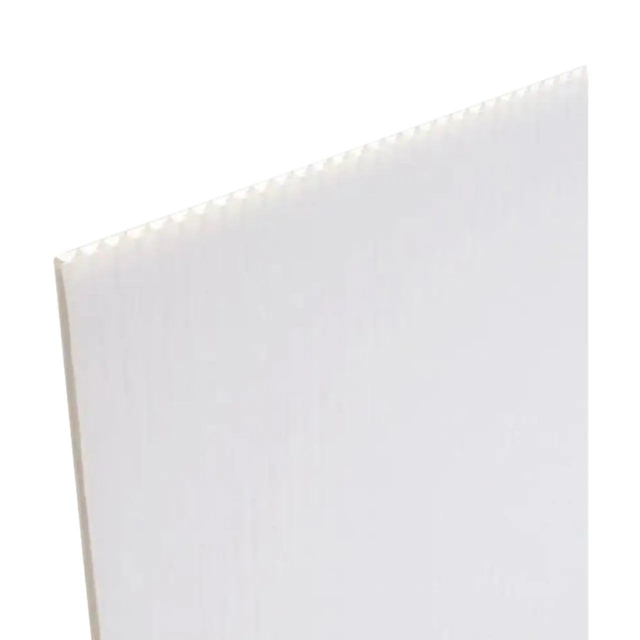A close-up of the Go Build 48 in. x 96 in. x 0.157 in. white corrugated plastic sheet highlights its thin, lightweight, ridged polypropylene twin wall structure, displayed against a white background.